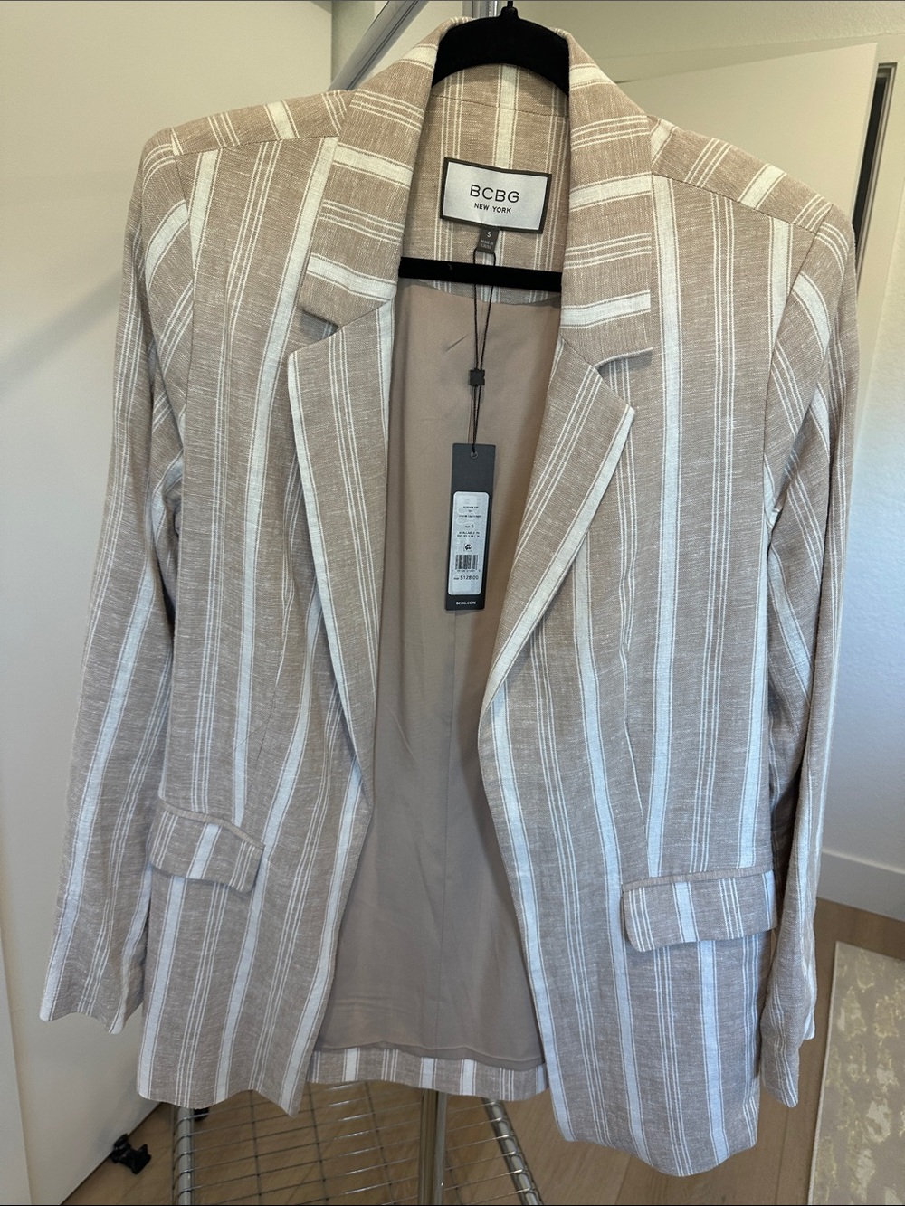 BCBG Beige and White Striped Blazer